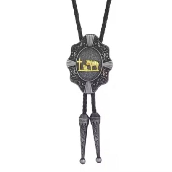 Western Oval Concho Bolo Tie Mens Casual Thank God For Cowboys  Accessory New - Picture 2 of 5